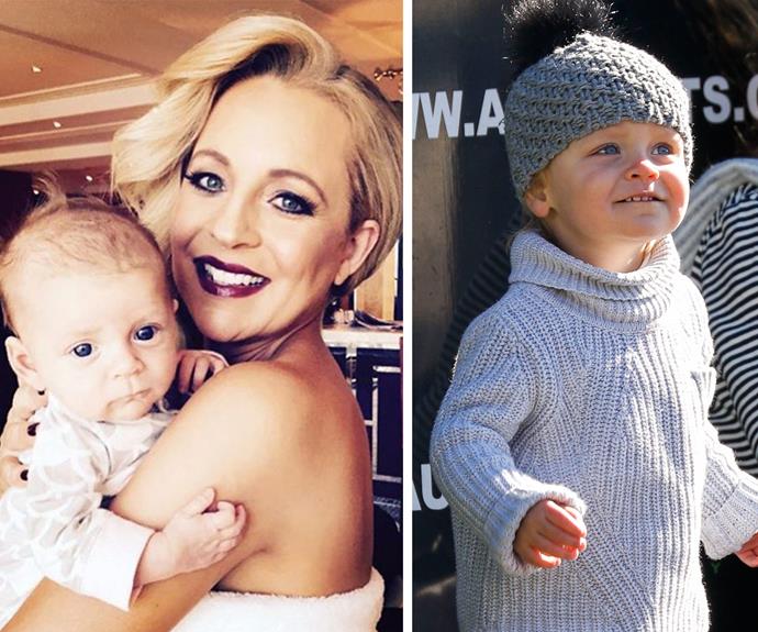 She's a little girl now! On the left, a newborn Evie shares a cuddle with Carrie ahead of the Logies in 2015, and on the right the tot rocks one of her mum's famous beanies.
