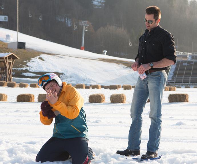Hugh plays Bronson Peary, a fictionalised American coach who is reluctant at first to train the unpolished ski jumper Eddie, played by Taron Egerton.
