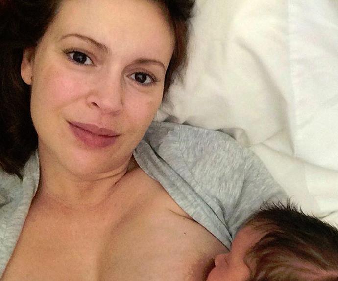 **Alyssa Milano** 
<br><br>
To celebrate World Breastfeeding Week, Alyssa Milano shared this sweet moment with the hashtag, "#normalizebreastfeeding".