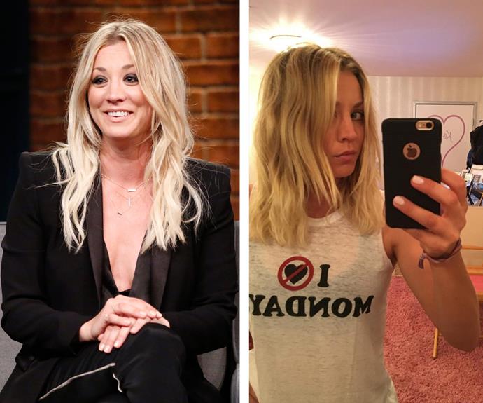 Hair chameleon Kaley Cuoco has ditched her long hair extensions once more as filming for season 10 of *Big Bang Theory* kicks off. "Sending mad love and props to @faye.woods for bringing my cut and colour back to its 'Penny' roots," captioned the blonde stunner beside this mirror selfie.