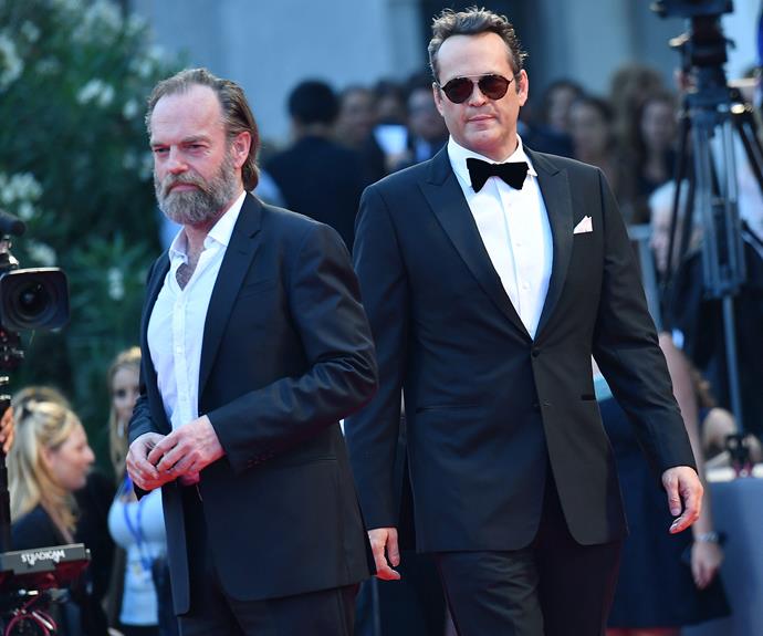 Hugo Weaving and Vince Vaughn looked the part in matching black tuxedos.