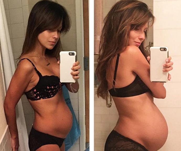 Now and then: The mother shared an almost identical selfie two weeks before giving birth.