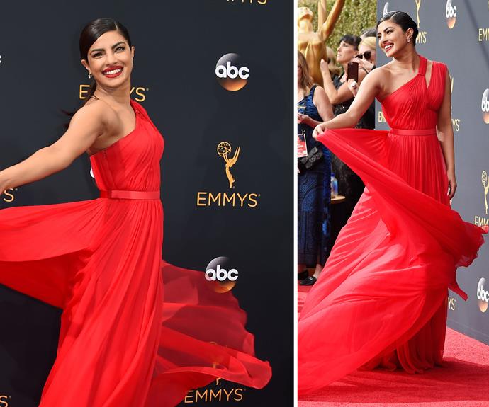 Priyanka Chopra was all kinds of old Hollywood glamour in this floating red dress.