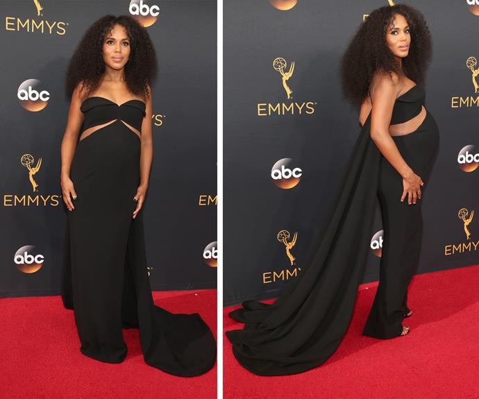 Lead actress nominee Kerry Washington made sure her beautiful baby bump was front and centre in this strapless ensemble.