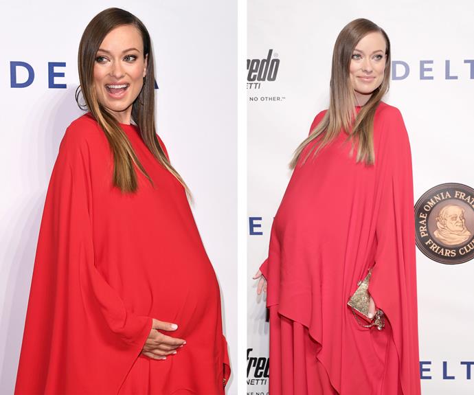 Olivia Wilde, who welcomed her second child, a daughter named Daisy, was ravishing in red as she showed off her burgeoning bump in New York shortly before her daughter's birth. "I successfully did not give birth on stage, AND got to meet Ellen Burstyn. Quite a night," she joked.