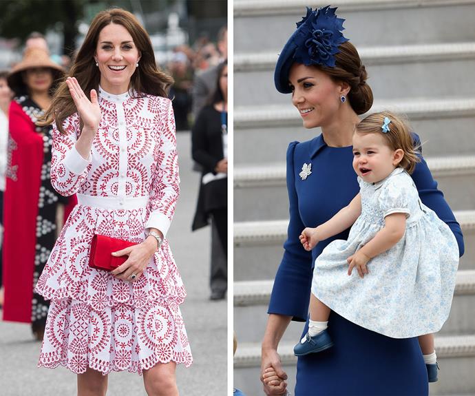 Duchess Catherine's fashion has been flawless! She stunned in a red and white Alexander McQueen dress (L), and on Saturday she kept things classic in a navy blue gown by Jenny Packham.
