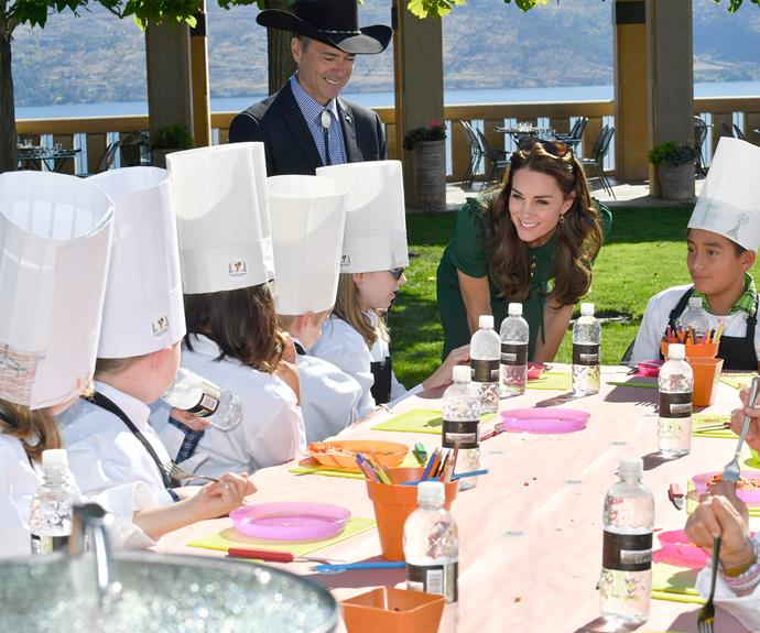 Mini-MasterChefs! Kate chats to a group of children at the Taste of British Columbia community event at Mission Hill Winery in Kelowna, Canada.