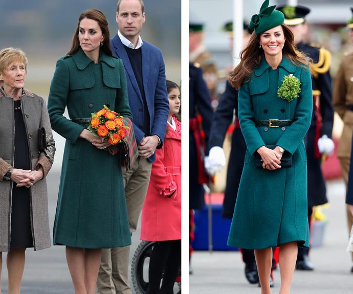Duchess Catherine first donned the $472 coat to a St Patrick's Day Parade in Aldershot back in 2014 (R), but two years on (L) she's revamped the look with a fresh pair of cream heels and a maple leaf tartan scarf which she draped casually over arm, paying homage to her host nation.