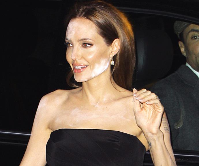 Angelina Jolie has been dubbed one of the world's most beautiful woman, but this powder blunder caused more than the usual amount of double takes when the star stepped out for the *Normal Heart* premiere in New York City.