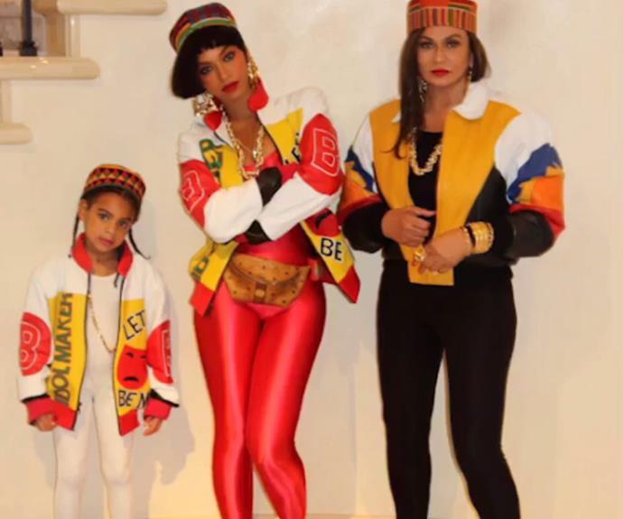 Three generations, including mamma Tina Knowles, Beyonce and daughter Blue Ivy, stepped back in time with this retro Salt-N-Pepa recreation. **WATCH the playful clip Queen Bey posted in the next slide for a sneak peak at Jay Z's costume!**