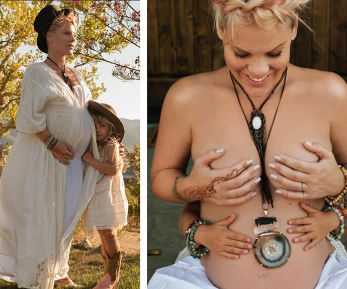 Singer Pink, who is expecting her second child, shared this adorable new 'bumpie' snap (R) featuring her first-born, Willow. "the snuggle is real 📷 :@deborahandersoncreative hair: @pamwiggy hands: willow sage," the star penned.