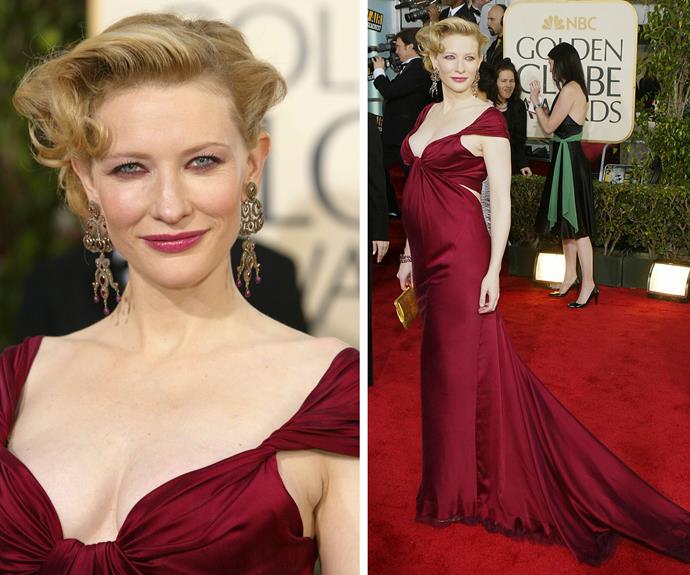 In 2004, Cate Blanchett's best accessory was her baby bump as well. The actress oozed elegance in this burgundy number.