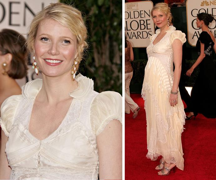 Pregnant with her second child, son Moses back in 2006, Gwyneth Paltrow opted for an ethereal white gown.