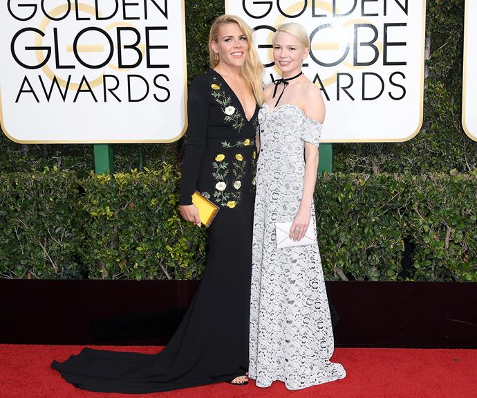 Besties unite! Michelle Williams was joined by her BFF, Busy Philipps, for the 74th Golden Globes red carpet.