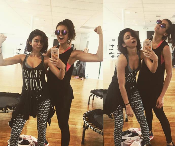 The best before-and-after shot we ever did see... "First @bodybysimone class. How @ninadobrev and I felt before and after," shared actress Sarah Hyland.
