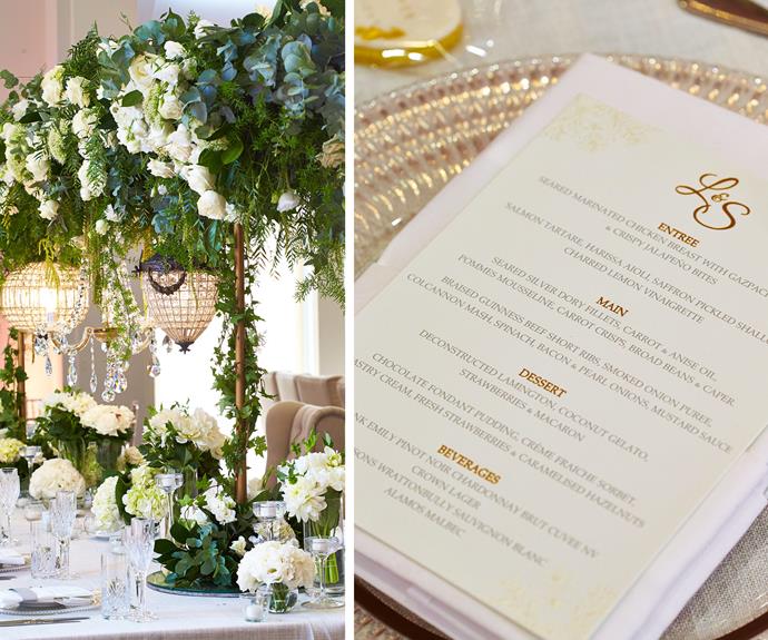 The reception in a grand room overlooking Sydney Harbour was styled by Diane Khoury from DK Weddings & Events, Decorative Events & Exhibitions and Chandeliers to Die For.
